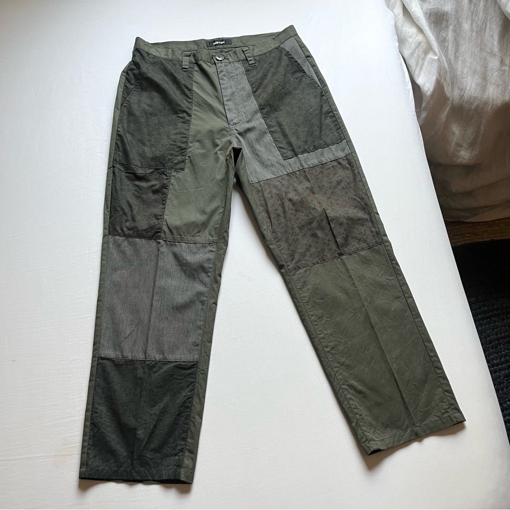 NE NET ISSEY MIYAKE olive‎ army green patchwork floral print utility tapered leg